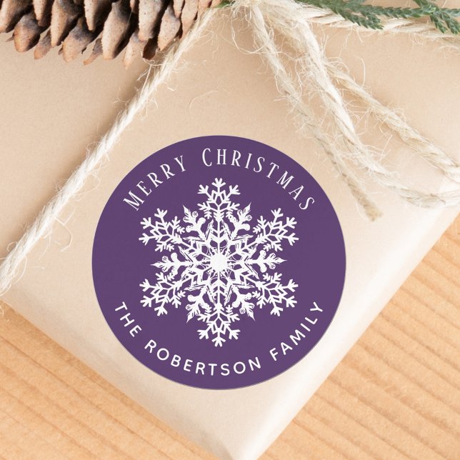 Snowflake Merry Christmas Holiday Purple Classic Round Sticker (Creator Uploaded)