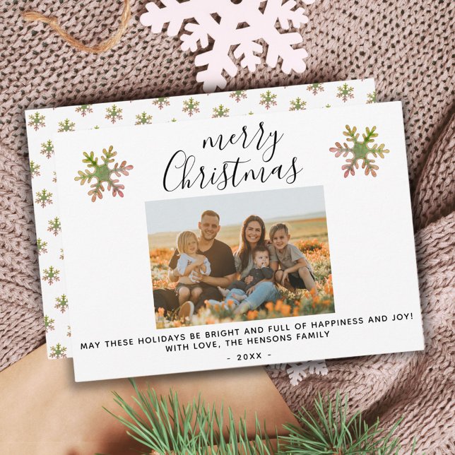 Snowflake Merry Christmas Script Family Photo Holiday Card (Creator Uploaded)