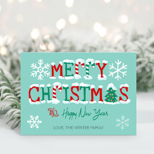 Snowflake Merry Christmas Tree Typography Holiday Card