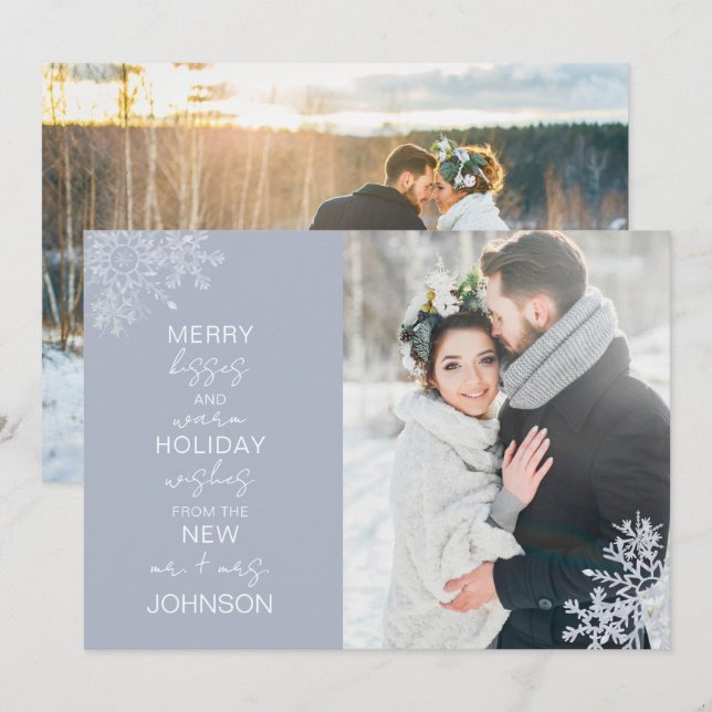 Snowflake Merry Kisses Warm Wishes 2 Photo Holiday Card (Front/Back)