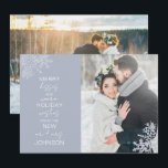 Snowflake Merry Kisses Warm Wishes 2 Photo Holiday Card<br><div class="desc">Celebrate your first holiday season as newlyweds with our elegant Snowflake Merry Kisses Warm Wishes 2 Photo Holiday Card Christmas card. Featuring a stunning wedding photo accented by delicate icy blue snowflakes, this card reads "merry kisses and warm holiday wishes from the new mr and mrs, " and is personalised...</div>