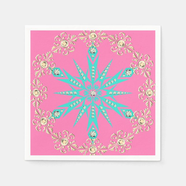 Snowflake mid century turquoise pink vintage  napkin (Front)