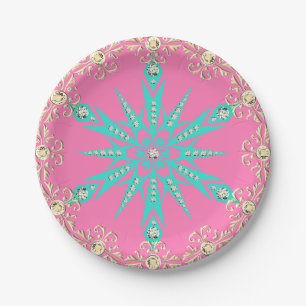 Snowflake mid century turquoise pink vintage paper plate