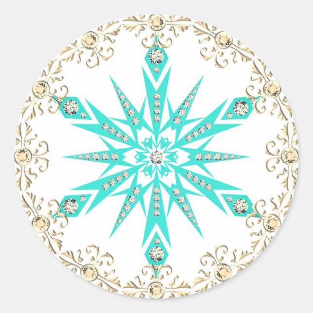 Snowflake mid century turquoise white diamond  classic round sticker (Front)