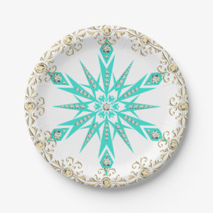 Snowflake mid century turquoise white diamond  paper plate