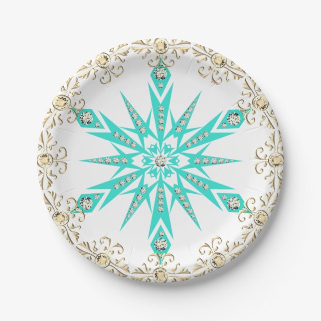 Snowflake mid century turquoise white diamond  paper plate (Front)
