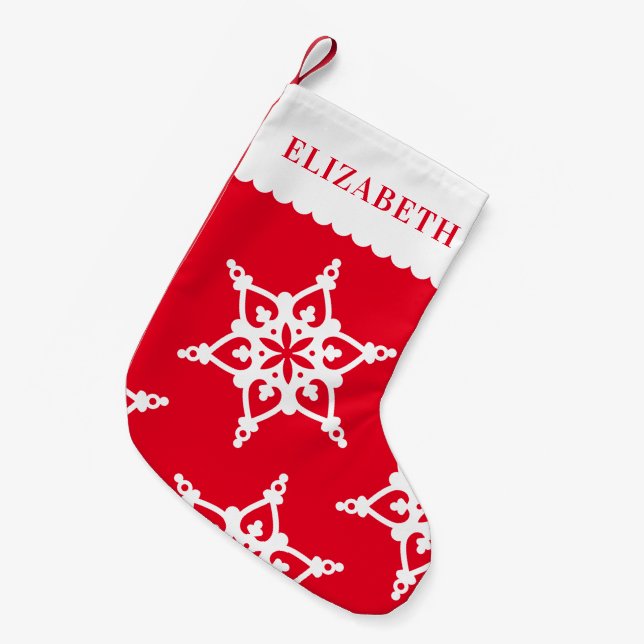 SNOWFLAKE modern cute patten white on red Small Christmas Stocking (Front (Hanging))