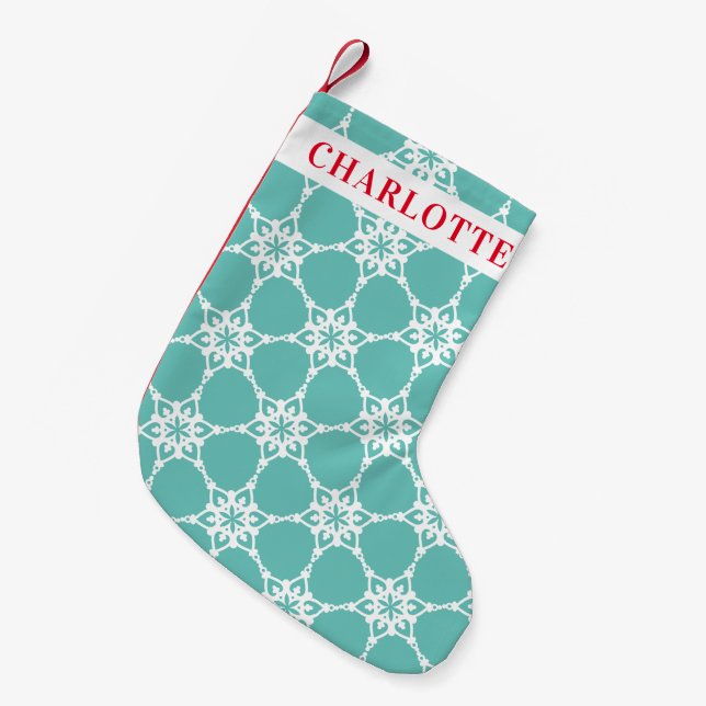 SNOWFLAKE modern elegant pattern mint green white Small Christmas Stocking (Front (Hanging))