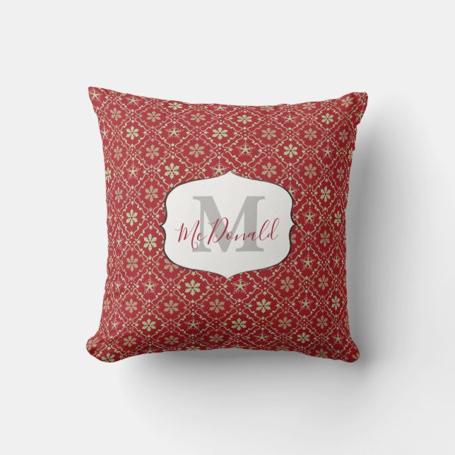 Snowflake Monogram Elegant Red Personalised Trendy Cushion (Front)