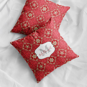 Snowflake Monogram Elegant Red Winter Personalised Cushion