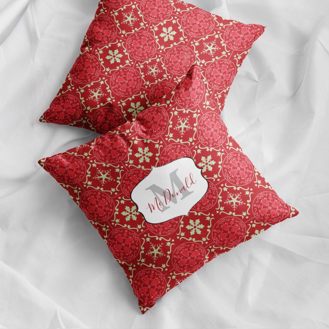 Snowflake Monogram Elegant Red Winter Personalised Cushion (Red Christmas snowflake monogram pillow with personalized name festive holiday decor accent.)