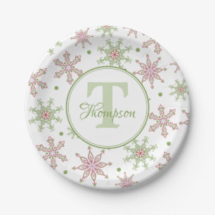Snowflake Monogram Modern Holiday Christmas Paper Plate