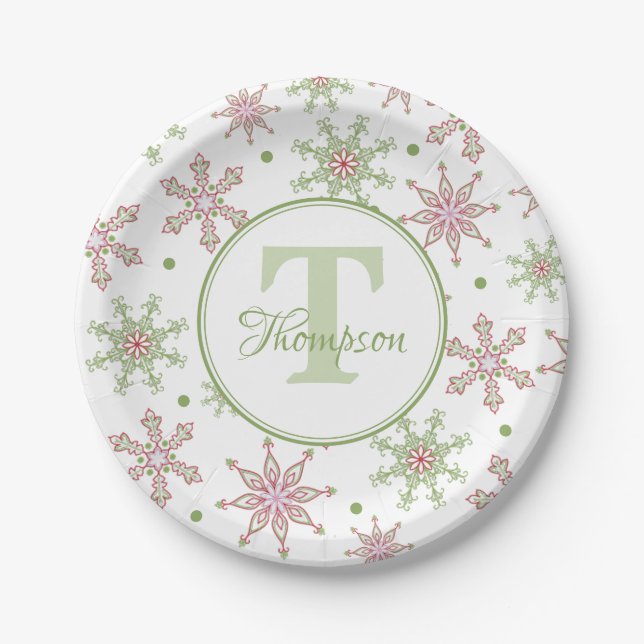 Snowflake Monogram Modern Holiday Christmas Paper Plate (Front)