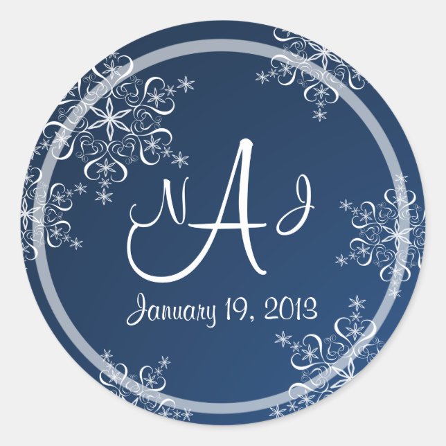 Snowflake Monogram Wedding Classic Round Sticker (Front)