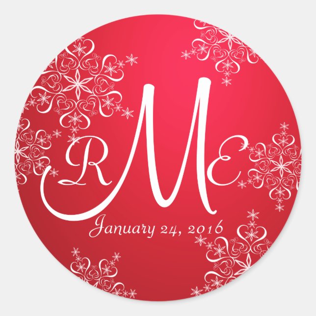Snowflake Monogram Wedding Red 2 Classic Round Sticker (Front)