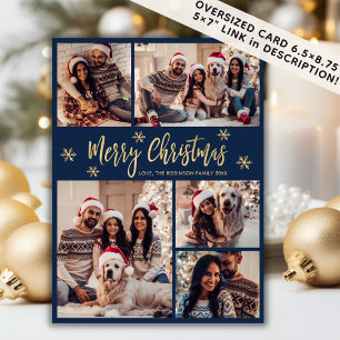 Snowflake Navy and Gold 5 Photo Collage Christmas Holiday Card