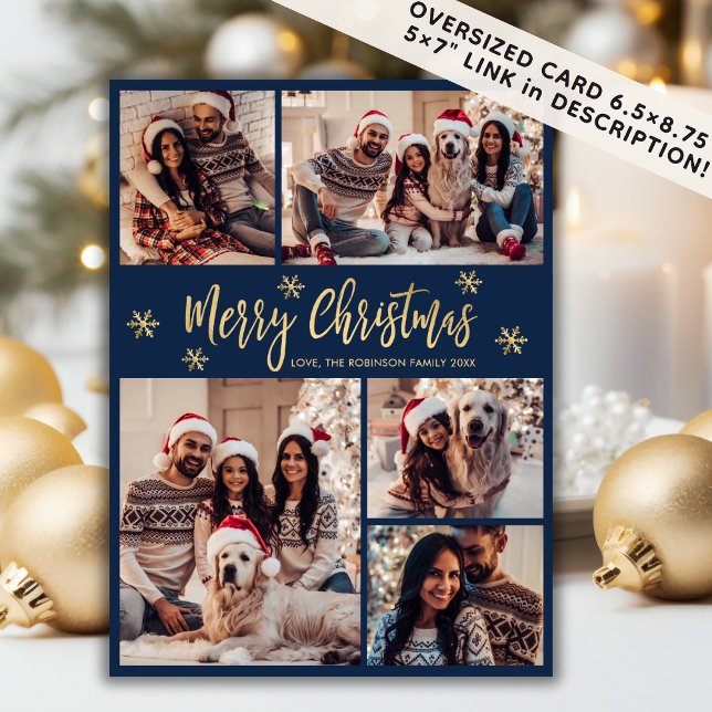 Snowflake Navy and Gold 5 Photo Collage Christmas Holiday Card (Creator Uploaded)