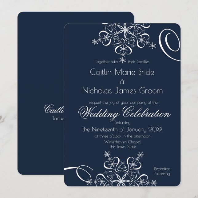 Snowflake Navy Blue Elegance Winter Wedding Invitation (Front/Back)