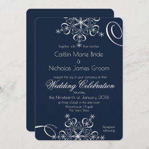 Snowflake Navy Blue Elegance Winter Wedding Invitation