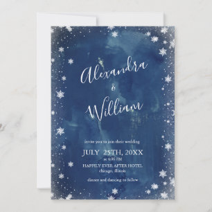 Snowflake Navy Blue Watercolor Winter Wedding Invitation