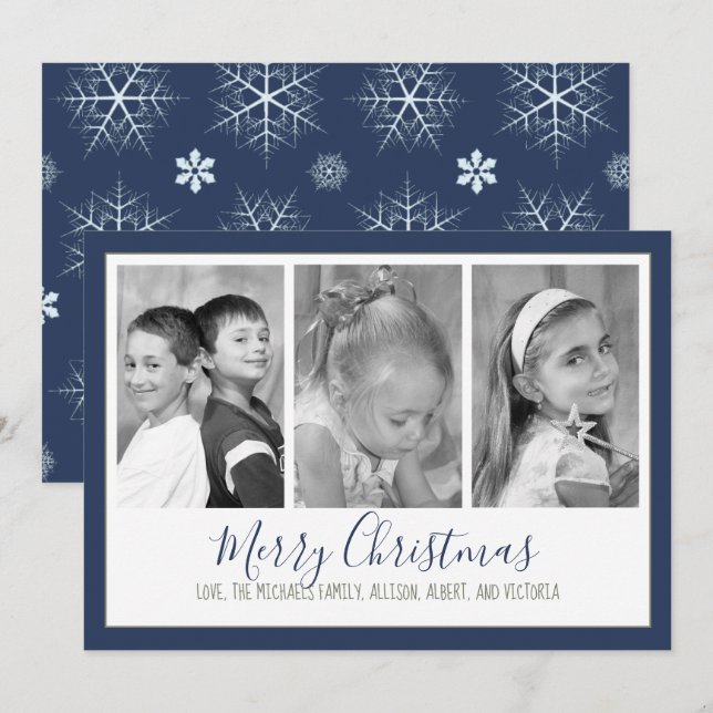 Snowflake Navy Christmas Photo Card Multi Photo (Front/Back)