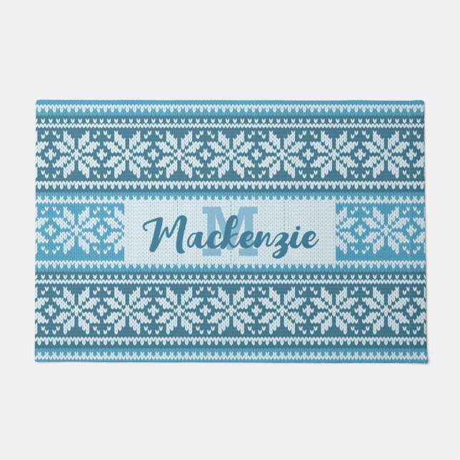 Snowflake Nordic Blue Sweater Pattern Personalised Doormat (Front)
