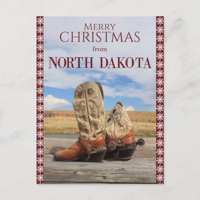 Snowflake North Dakota Cowboy Boots Christmas Holiday Postcard (Front)