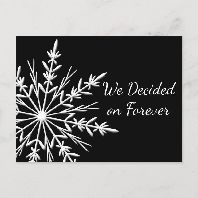 Snowflake on Black Winter Wedding Save the Date Announcement Postcard (Front)