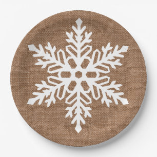 Snowflake on Burlap Country Style Christmas Paper Plate