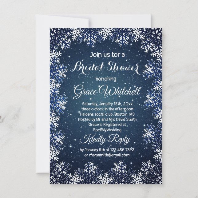 Snowflake on midnight blue Christmas Bridal Shower Invitation (Front)