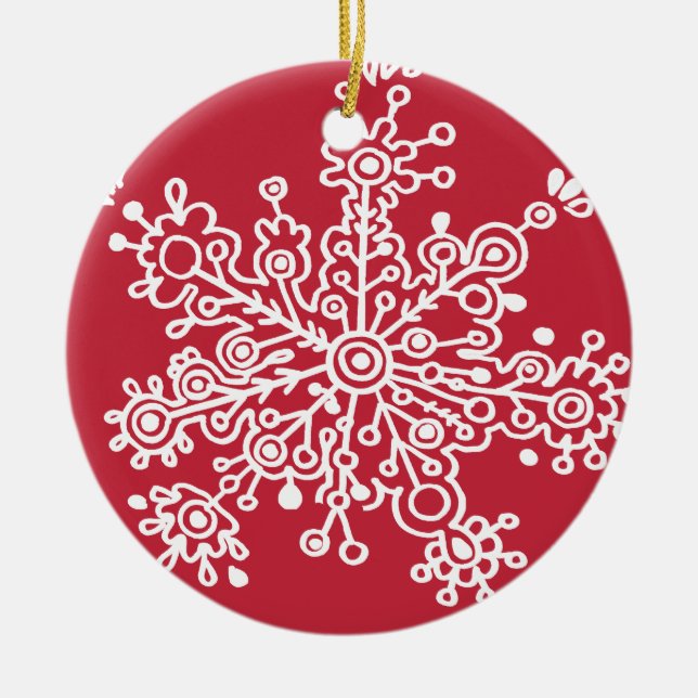 Snowflake on Red Ceramic Tree Decoration (Front)
