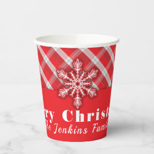 Snowflake On Red Retro Vintage Christmas Plaid Paper Cups