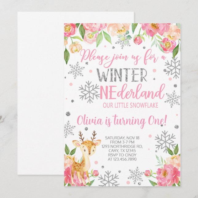 Snowflake Onederland girl birthday invite. Invitation (Front/Back)