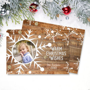 Snowflake Overlay on Wood Christmas Photo Card
