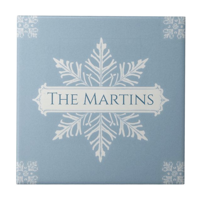 Snowflake pattern blue & white holiday custom name tile (Front)