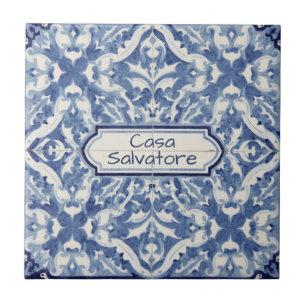 Snowflake pattern blue & white holiday custom name tile