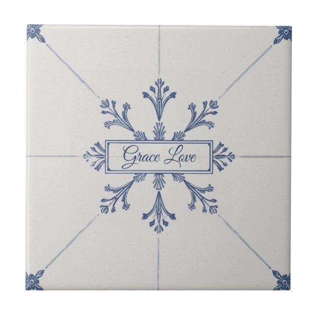 Snowflake pattern blue & white holiday custom name tile (Front)