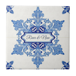 Snowflake pattern blue & white holiday custom name tile