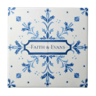Snowflake pattern blue & white holiday custom name tile