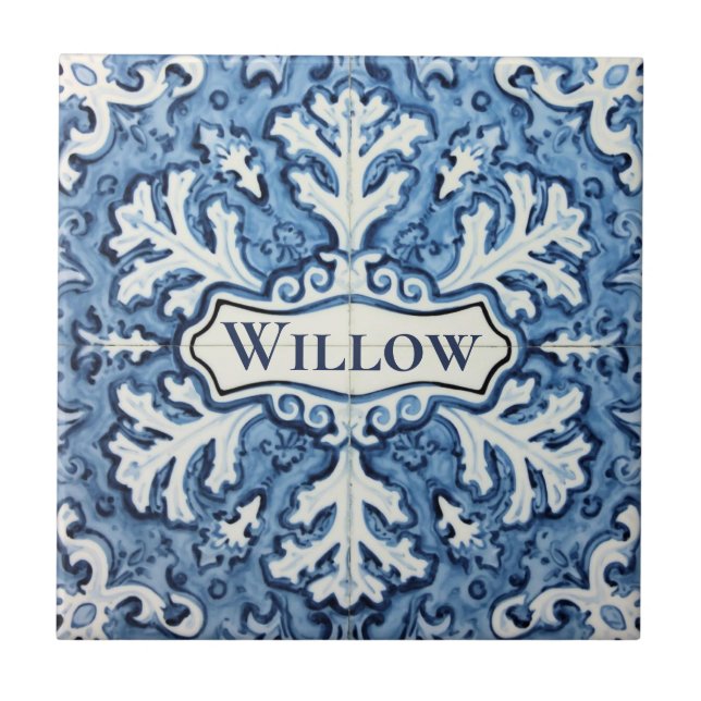 Snowflake pattern blue & white holiday custom name tile (Front)