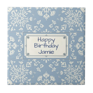 Snowflake pattern blue & white holiday custom name tile