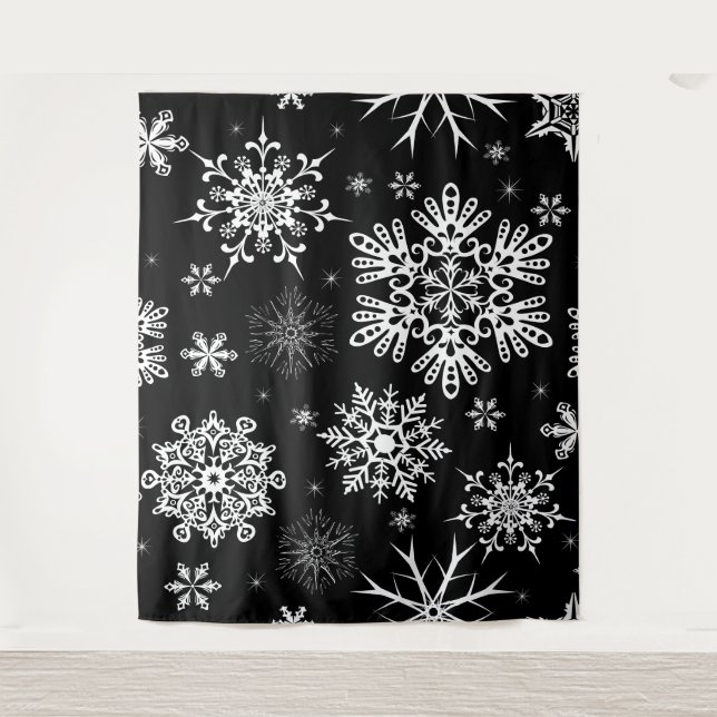 Snowflake pattern Christmas backdrop black white Tapestry (Front)
