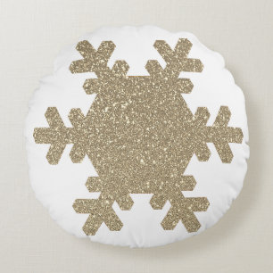 Snowflake Pattern Gold Glitter White Christmas Round Cushion