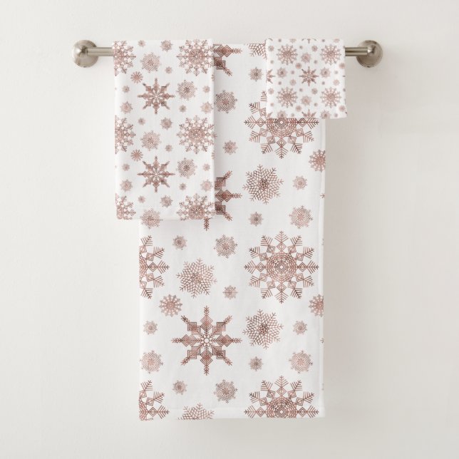 Snowflake Pattern In Faux Rose Gold Looking Colour Bath Towel Set (Insitu)