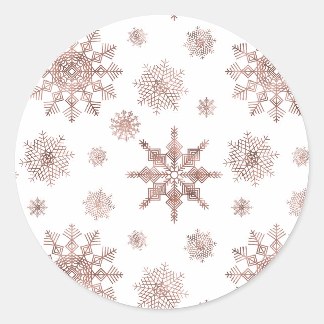 Snowflake Pattern In Faux Rose Gold Looking Colour Classic Round Sticker (Front)