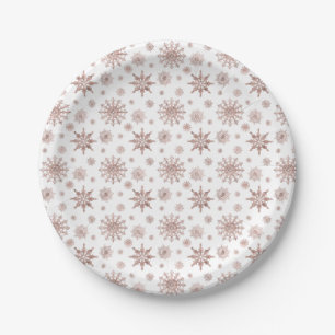 Snowflake Pattern In Faux Rose Gold Looking Colour Paper Plate