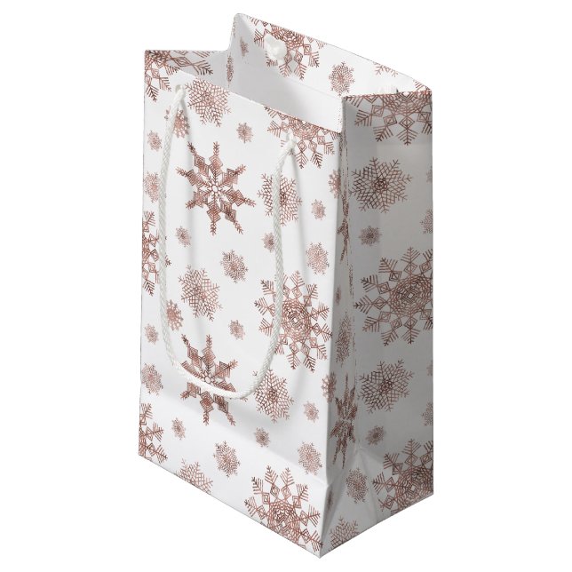 Snowflake Pattern In Faux Rose Gold Looking Colour Small Gift Bag (Front Angled)