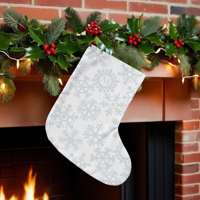 Snowflake Pattern Monogrammed Christmas Stocking (A white snowflake pattern Christmas stocking with space for your initial)