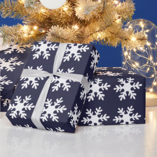 Snowflake Pattern Navy Blue Holiday Wrapping Paper