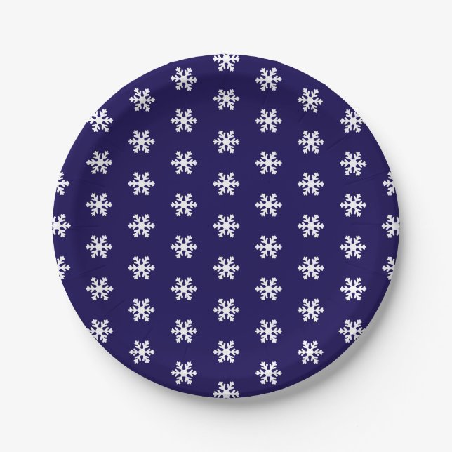 Snowflake Pattern Navy Blue& White Winter Paper Plate (Front)